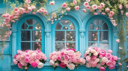 Fototapeta na wymiar Romantic blue flower shop window with arches windows and pink peonies