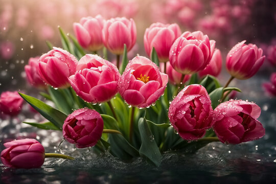 Bouquet of pink tulips in watercolor-style, each one unique in its shape and color, surrounded by a halo of shimmering water droplets. Mother s Day, 8 March, Happy Easter. Generative ai