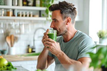 Fototapeta premium Man Enjoying a Healthy Spirulina Drink. A man in a casual t-shirt is intently sipping a vibrant green spirulina smoothie in a well-lit, modern kitchen. Horizontal photo