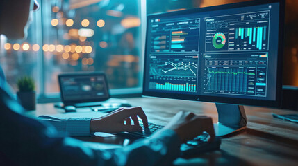 Businessman working on computer at night in office. Close up of male hands typing on computer keyboard