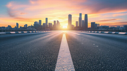 Asphalt road and modern city skyline with buildings in Hangzhou at sunset
