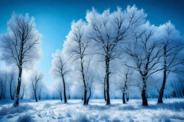 Village in a winter day and snow. Winter frosty trees on snow white background, Winter trees covered with frost and blue sky