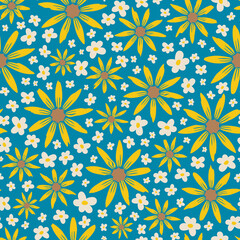 Seamless sunflower pattern. Floral print. Summer flower background. Yellow and white flowers wallpaper. Perfect for fabric, stationary, packaging, wrapping