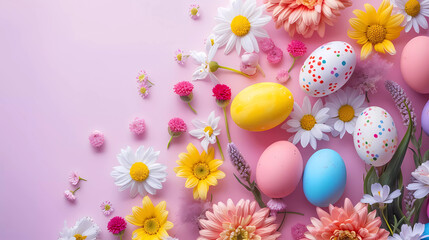 Fototapeta na wymiar Realistic 3d design Top view banner of easter eggs ,flowers with soft color background.Easter festival background.