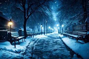 View of alley and benches through snowing. Blue tone. Night shot