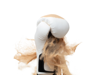 Boxing punch through Sand, concept of competition challenge of leader business man or teamwork, winning leadership strategic plan and risk management team player