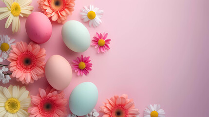 Obraz na płótnie Canvas Realistic 3d design Top view banner of easter eggs ,flowers with soft color background.Easter festival background.