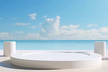 Fototapeta na wymiar 3D White Podium Beach and Sea Background