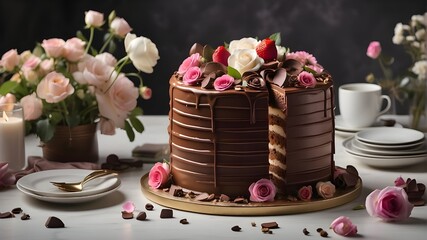 Obraz na płótnie Canvas chocolate cake with rose chocolate cake with roses chocolate cake with rose petals