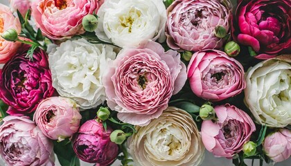 beautiful fresh blossoming flowers texture at the florist shop in ombre color from magenta pink to pastel pink ranunculus peonies roses tulips carnations top view flat lay