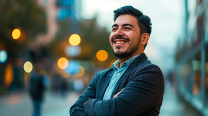 Obraz premium A Happy Young Hispanic Business Man Stands with Arms Crossed, Smiling in Triumph Against the Dynamic Urban Backdrop, Symbolizing Professional Achievement and Confidence