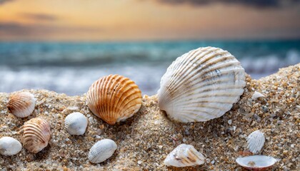 Fototapeta na wymiar seashells in the sand on the seashore as an abstract background texture