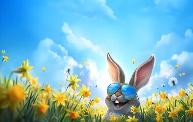 daffodil easter bunny, a funny laughing rabbit with reflective sunglasses in field of daffodils is watching the blue sky with copy space for advertising, marketing, social media greetings - obrazy, fototapety, plakaty