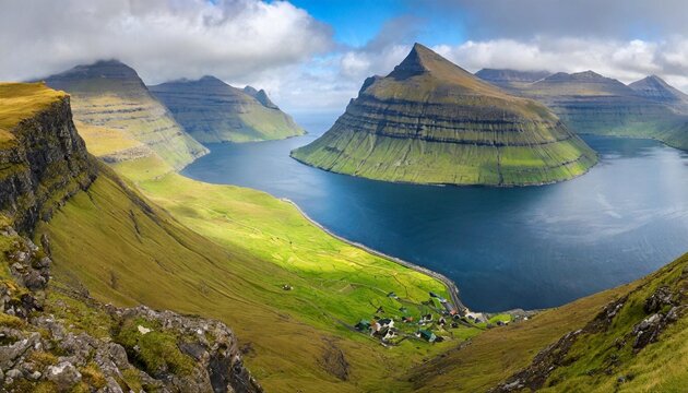 panorama landscape of spectacular mountains and fjords near the village of funningur from the hvithamar mountain in faroe islands denmark