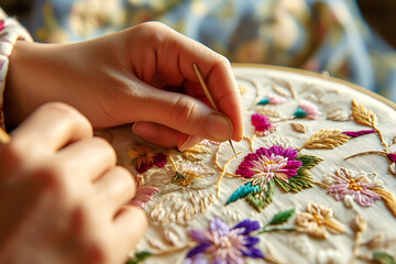 Delicate Hand Embroidery on Floral Fabric. Close-up of women's hands carefully embroidering bright floral patterns onto taut canvas using a needle and colorful threads. Horizontal photo - obrazy, fototapety, plakaty