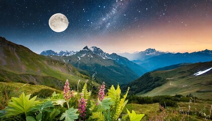 landscape with plants and mountains sky with stars and moon motivational slogan