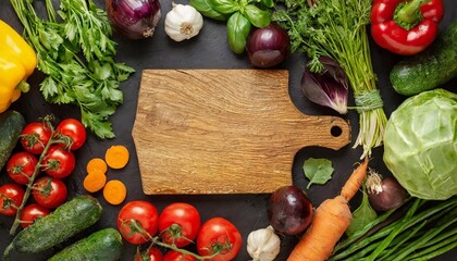 frame made of fresh assorted vegetables on dark black background around wooden cutting board