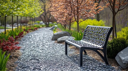 Tranquil park scene with a modern graphite bench along a decorative stone path - obrazy, fototapety, plakaty