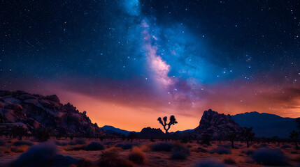 A photo of Joshua Tree National Park, with iconic Joshua trees as the background, during a starry night