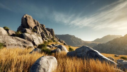 desolate rocky hillside with sparse grass and boulders 3d rendering - obrazy, fototapety, plakaty