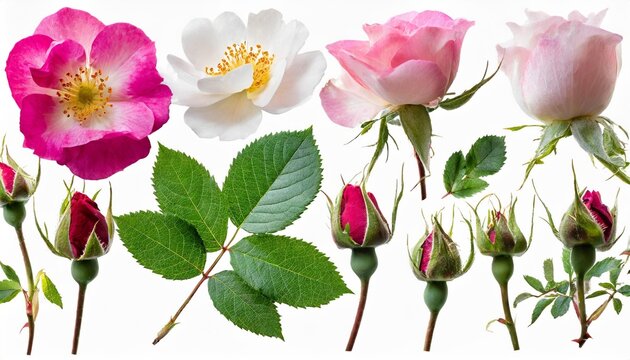 set collection of delicate wild roses flowers buds and a leaf isolated over a transparent background cut out romantic wildflower or garden design elements top view flat lay