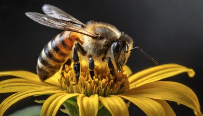 bee and flower close up of a large striped bee collecting pollen on a yellow flower on a black background macro photography