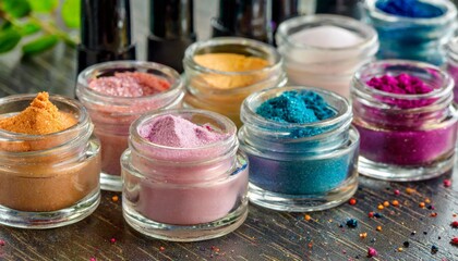 makeup image of row of colorful powder jars containing dipping powder for nail polish