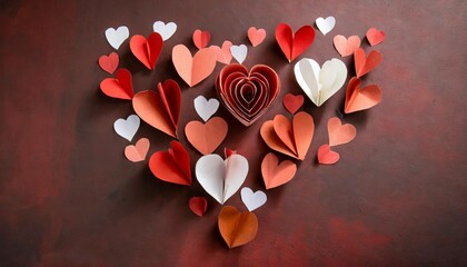 love and valentine s day concept made from paper hearts on dark red background
