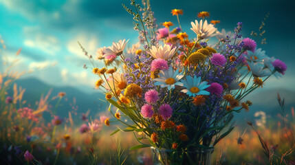 a bouquet of wildflowers, each with its own untamed beauty.  - obrazy, fototapety, plakaty