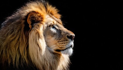african lion profile portrait isolated on black background spectacular dramatic king of animals proud dreaming fantasy panthera leo looking forward stylized photo banner with copy space for text - obrazy, fototapety, plakaty