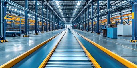 Fototapeta premium A modern, empty warehouse interior with a symmetrical view down the central aisle flanked by yellow lines.