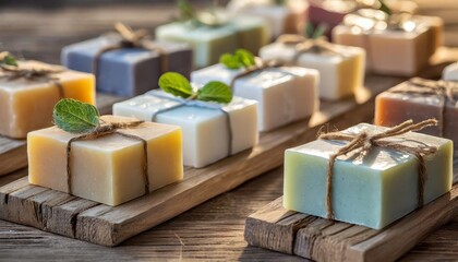 rows of handmade soap bars on a wooden table