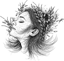 Harvest time digital illustration. Portrait of a woman with ears of hair - 728416653