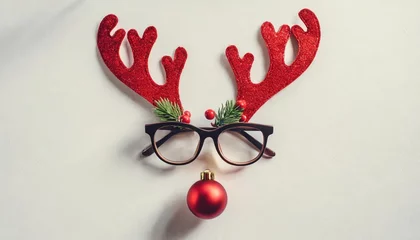 Fotobehang christmas deer concept creative layout made of reindeer antlers hipster glasses and christmas decoration on white background minimal flat lay new year holiday idea greeting card © Debbie