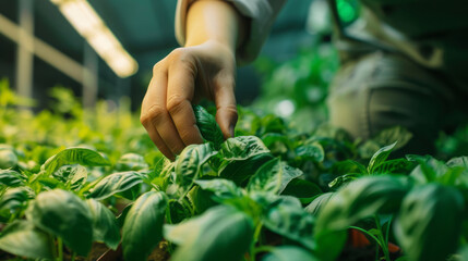 Close - up of an agronomist checking crops in a greenhouse