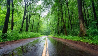 road in green forest after rain