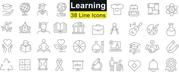 learning, Education, knowledge line icons set. Vector illustrations for web design, app development. Book, globe, teacher, student, pencil, microscope, paintbrush, apple, backpack, graduation cap