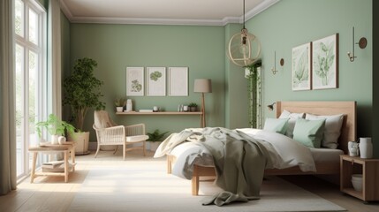 Serene bedroom with pale green walls, soft textiles, and natural wood accents, Nature-Inspired Bedroom with Botanical Art.