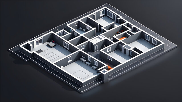 modern interior design, isolated floor plan with black walls, blueprint of apartment, house, furniture, isometric, perspective view, 3d rendering. 3D floor plan isolated on a black background.