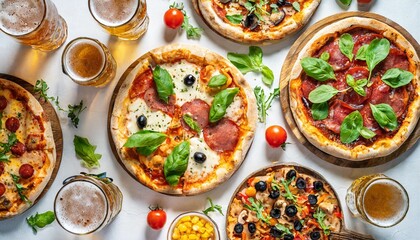 Fototapeta na wymiar pizza party for friends or family flat lay of various pizzas drinks and people celebrating with beer over plain white table background top view fast food comfort food italian cuisine concept