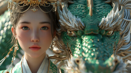 In front of the dragon stands a Chinese beautiful girl wearing a gorgeous Hanfu, white and green