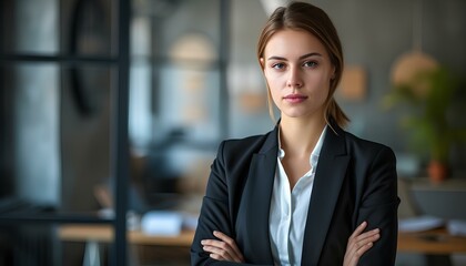 A confident young businesswoman, corporate employee posing with her arms folded in a modern office. leader of a team that oversees the work. generative AI