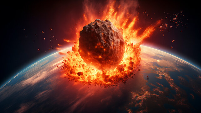 massive asteroid impacting planet Earth - space monitoring and asteroid impact monitoring concept