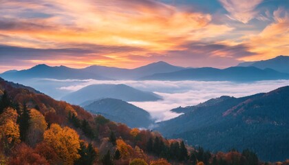autumn sunrise cloudy sky over mountains abstract colorful peaceful sky background