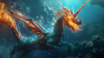 Fire breathing sea dragon that is a unicorn with a horn and wings - obrazy, fototapety, plakaty