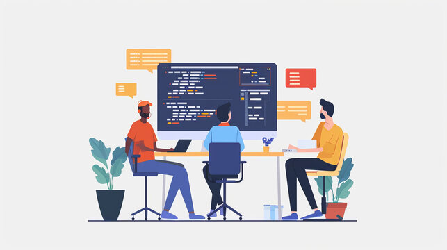 Flat Illustration Icon, manager of a software development team with his development team