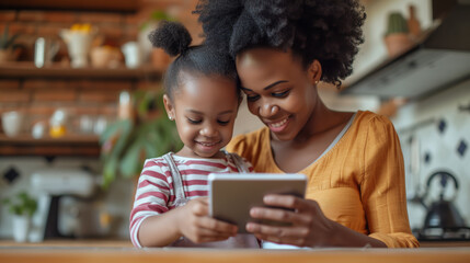Beautiful smiling dark-skinned mum and young daughter looking at a tablet and smiling in the kitchen, electronic recipes cooking - obrazy, fototapety, plakaty