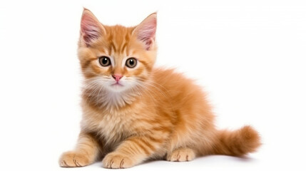 Cute orange cat on a white background. Copy space. - obrazy, fototapety, plakaty