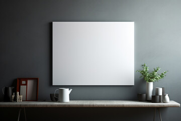blank white poster frame on the grey wall generative by ai