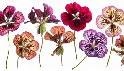 pressed multicolour geranium set perspective dry delicate isol